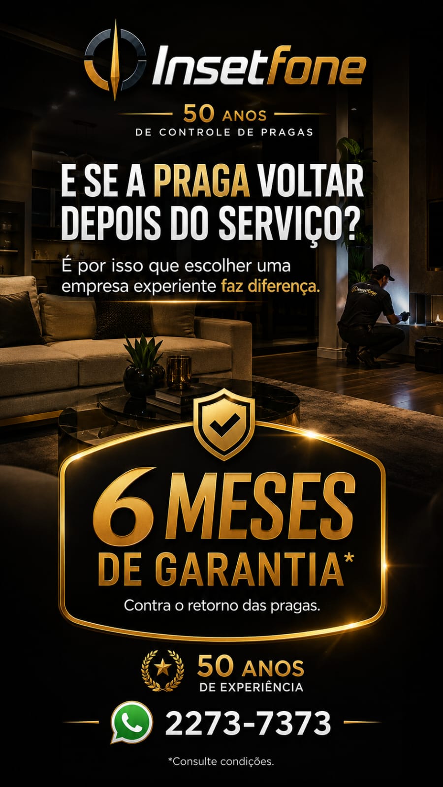 Peça institucional da Insetfone destacando 6 meses de garantia contra o retorno das pragas